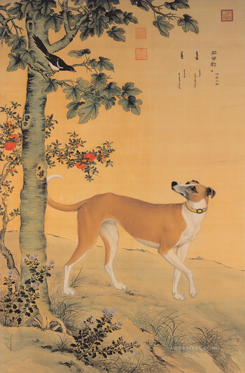 ラング輝く黄色の犬古い墨ジュゼッペ・カスティリオーネ犬油絵